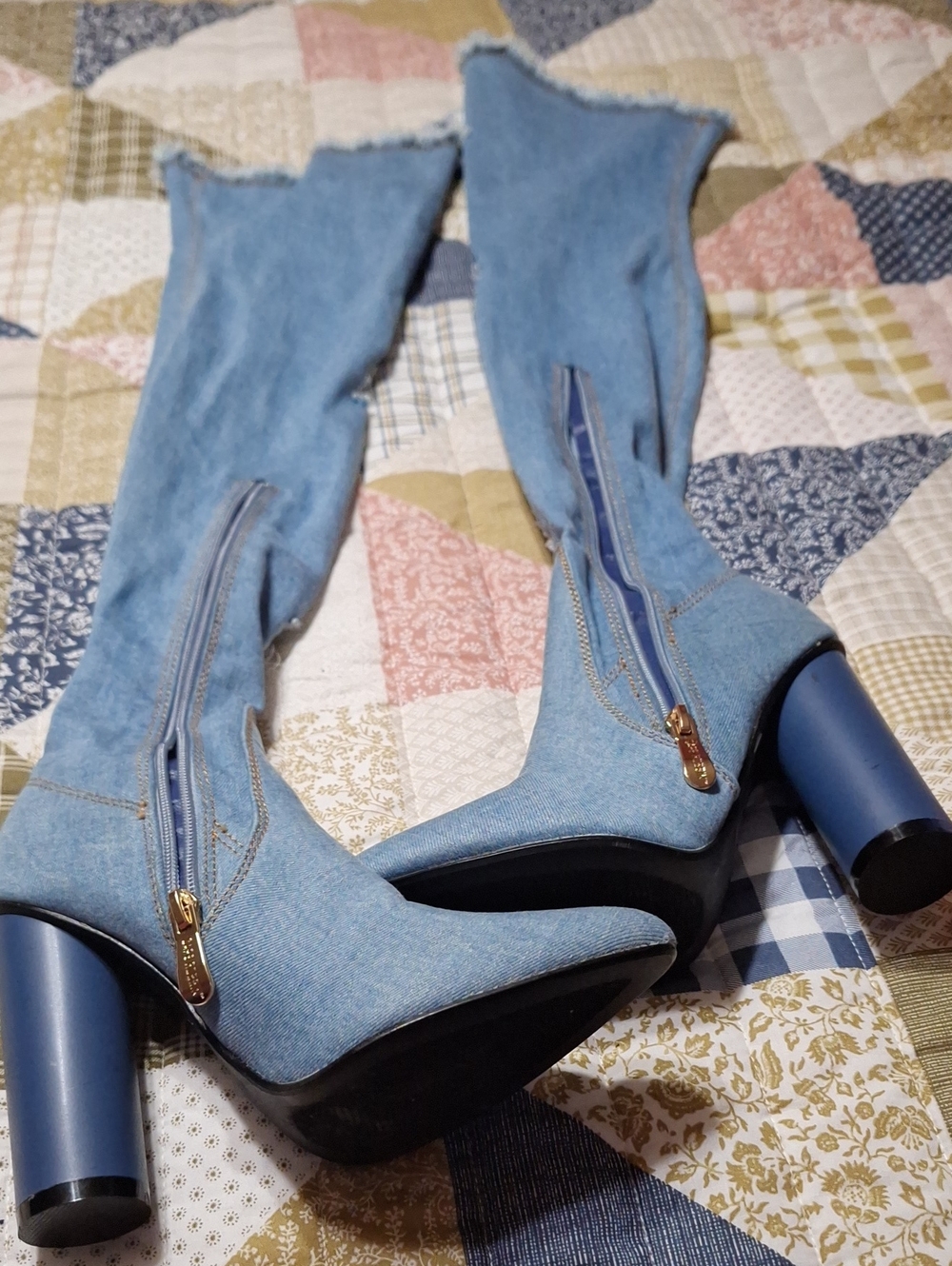 Cape Robbin Denim Over-the-Knee Barrel Rd Heel Boots - Light Blue - Picture 4 of 7